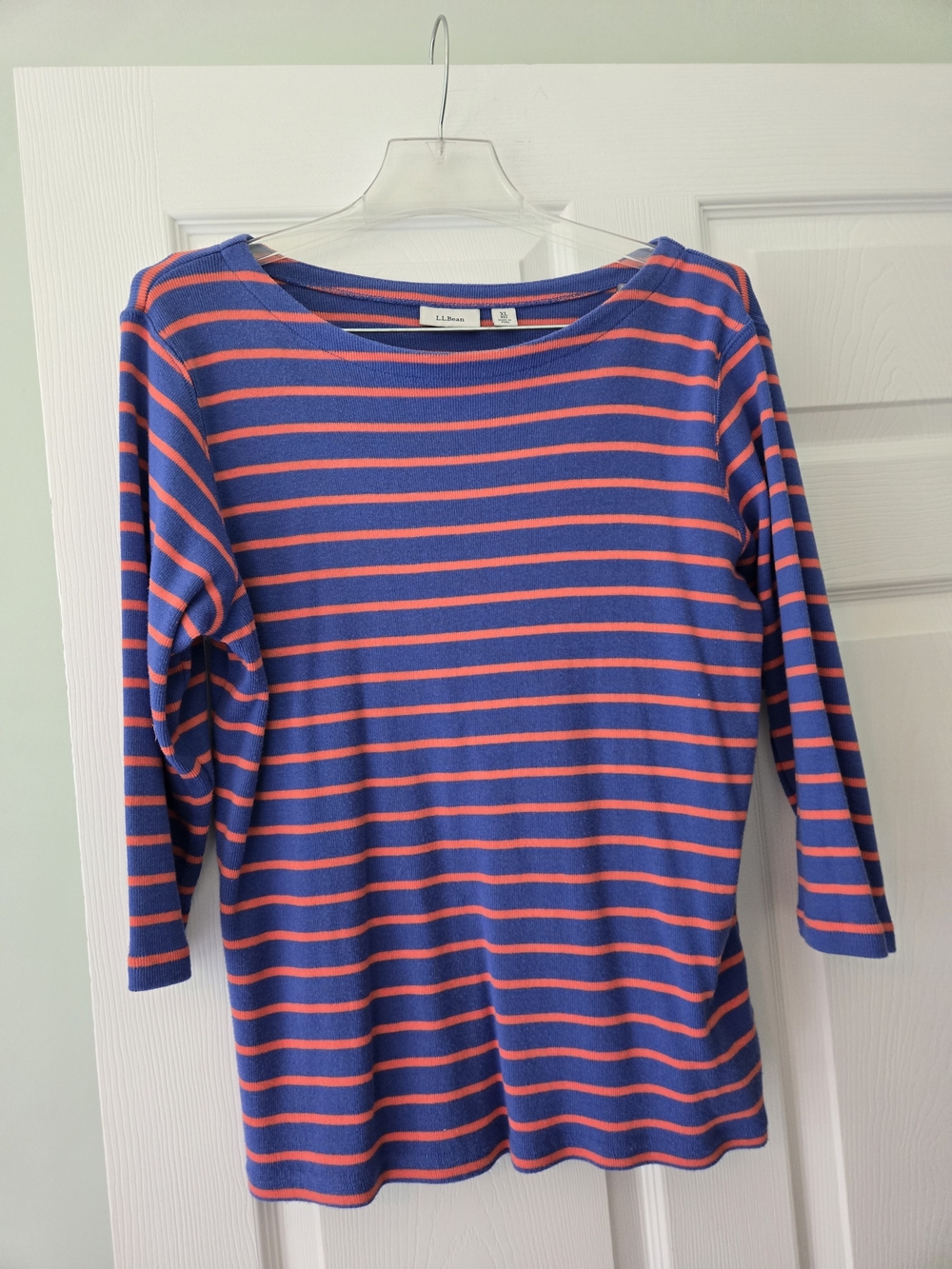 L.L.Bean Blue & Coral Striped Boatneck Top